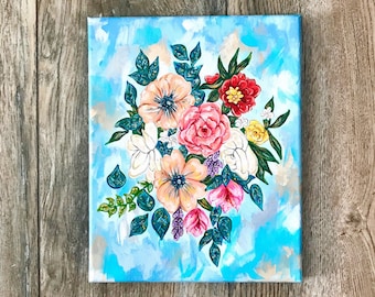 Flower Bouquet Painting: "Botanical Bouquet" (Blue Flower Rose Art)