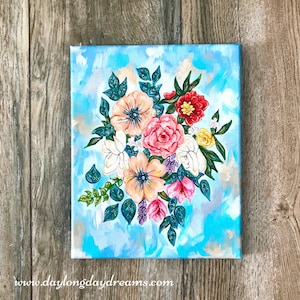 Blumenstrauß Gemälde: &quot;Botanischer Bouquet&quot; (Blaue Blume Rose Kunst)