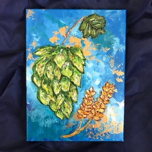 Original Painting: Blue and Gold Hop Beer Brewing Art