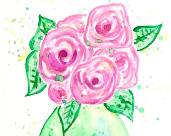 Peinture florale originale sur papier: « Floral Vase 5 » (Roses roses dans l’art de la fleur de vase vert)