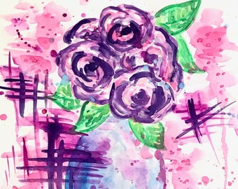 Purple Rose Painting on Paper: "Floral Vase 1" (Abstract Rose Floral Art)
