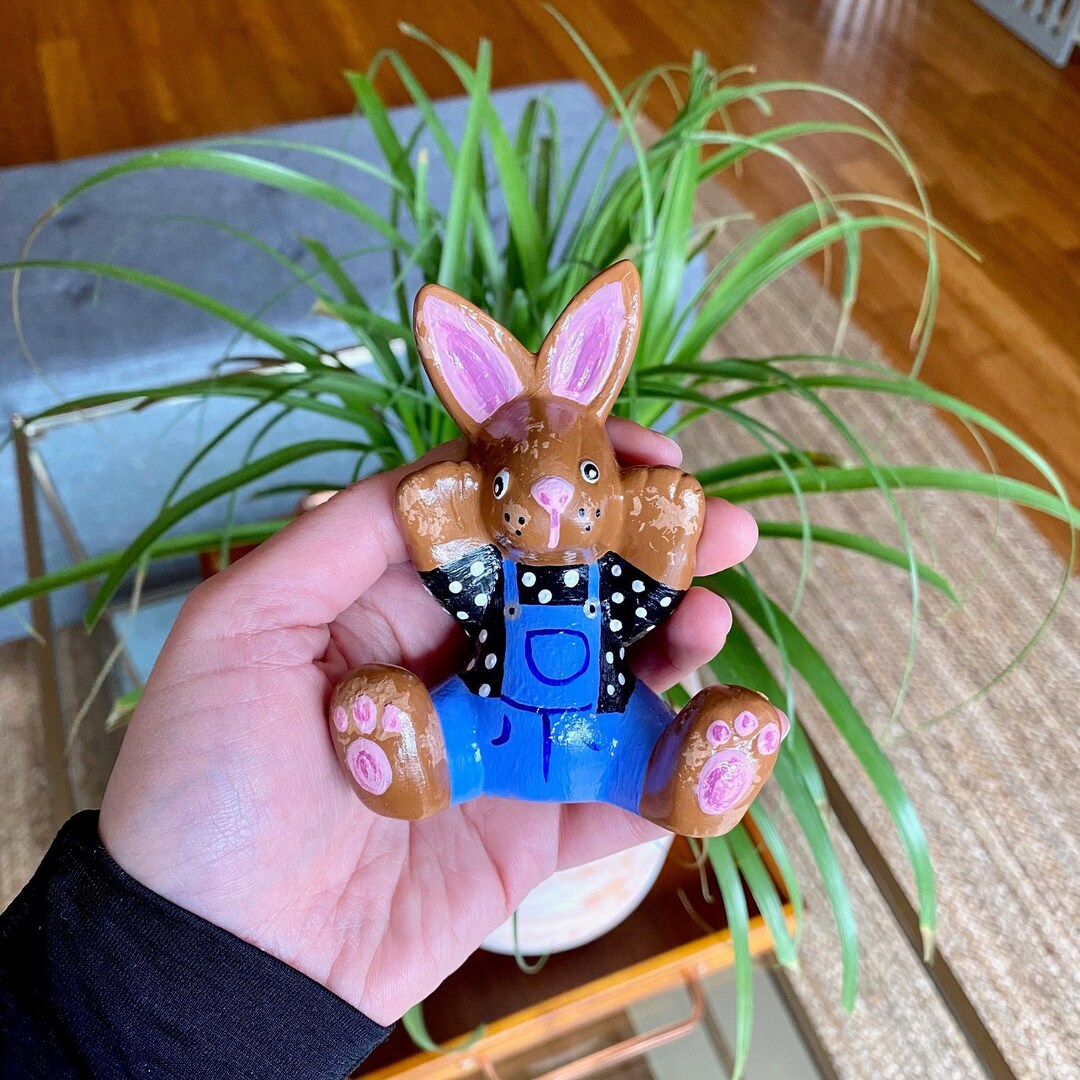 Hand-painted Ceramic Bunny #7 (polka Dot and Overall Bunny