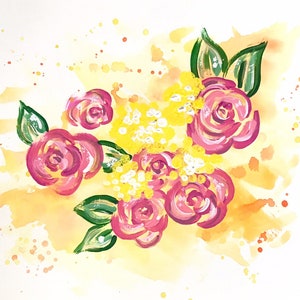 Original Painting on Paper: &quot;Floral 6&quot; (Yellow and Pink Rose Floral Art)