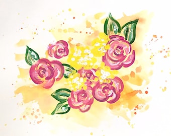 Original Painting on Paper: "Floral 6" (Yellow and Pink Rose Floral Art)