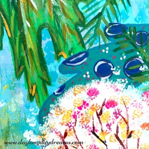 May include: Abstract painting with a blue, green, and white background. The painting features a cluster of pink, yellow, and white flowers in the foreground. The flowers are surrounded by a blue and green abstract shape with white dots.