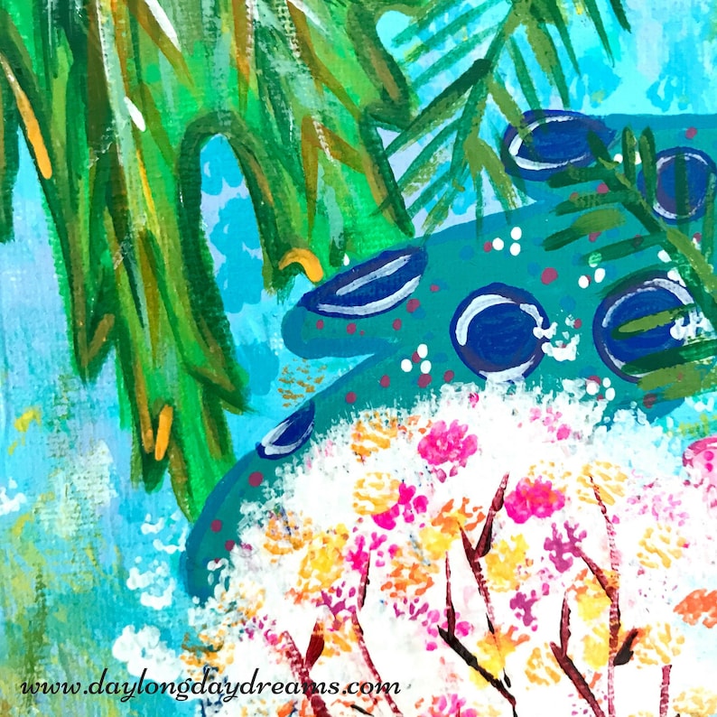 May include: Abstract painting with a blue, green, and white background. The painting features a cluster of pink, yellow, and white flowers in the foreground. The flowers are surrounded by a blue and green abstract shape with white dots.