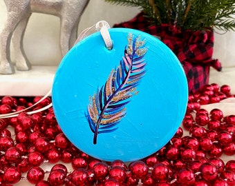 Hand-Painted Christmas Ornament: Blue Feather