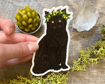 Black Cat with Flower Crown Sticker