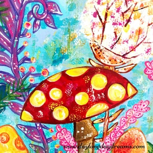 May include: A red and yellow mushroom with white polka dots sits in a whimsical, colorful, and abstract painting. The mushroom is surrounded by purple, pink, and green foliage.
