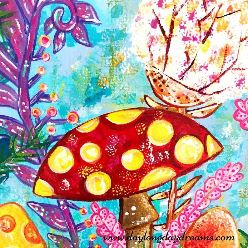 May include: A red and yellow mushroom with white polka dots sits in a whimsical, colorful, and abstract painting. The mushroom is surrounded by purple, pink, and green foliage.