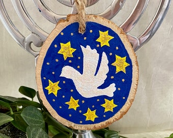 Original Painting on Wood: Hanukkah Dove and Stars