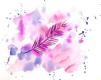 Original Painting on Paper: "Feather 6" (Paint and Purple Feather Art)