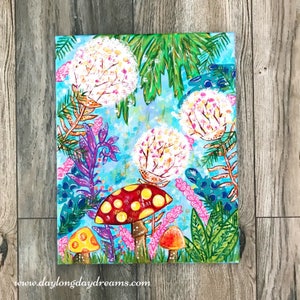 May include: A whimsical painting of a forest scene with large white flowers, green leaves, and colorful mushrooms. The mushrooms have red and yellow spots and are growing on a bed of green grass.