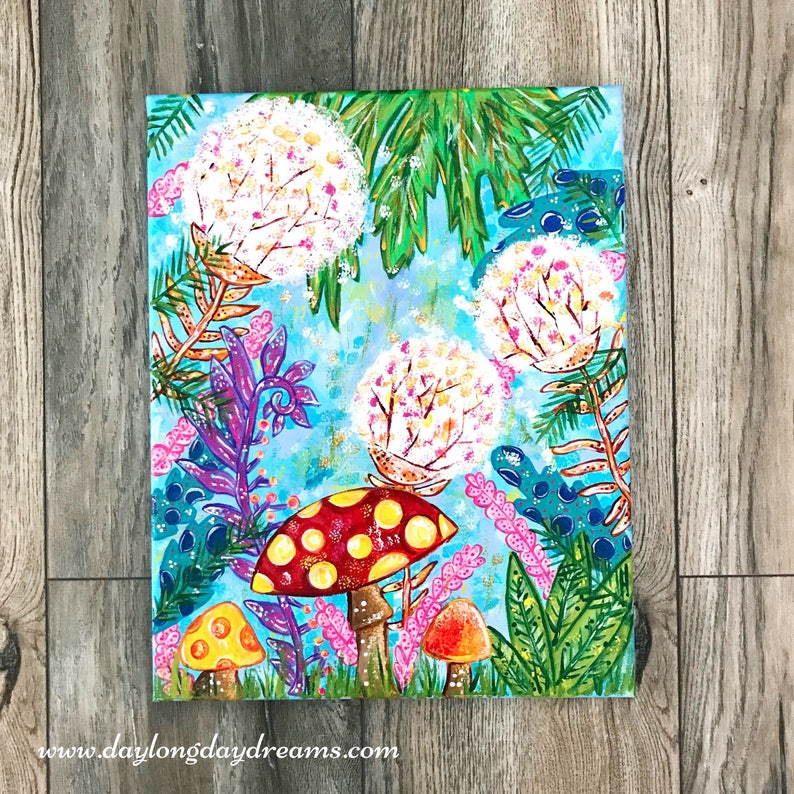 May include: A whimsical painting of a forest scene with large white flowers, green leaves, and colorful mushrooms. The mushrooms have red and yellow spots and are growing on a bed of green grass.