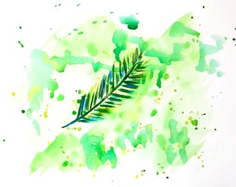 Original Painting on Paper: "Feather 4" (Green Watercolor Feather Art)