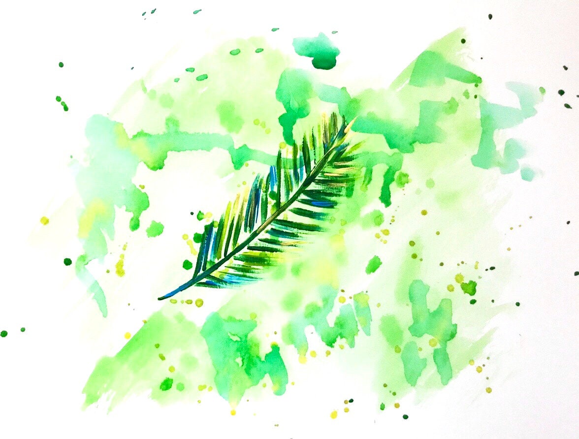 Original Painting on Paper: "Feather 4" (Green Watercolor Feather Art)