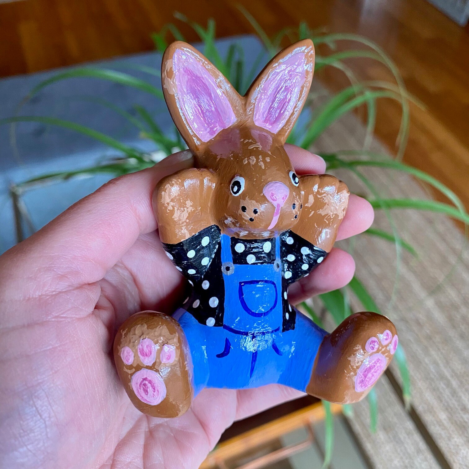 Hand-painted Ceramic Bunny #7 (polka Dot and Overall Bunny