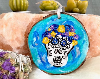 Dia De Los Muertos Skull Painting on Wood (Turquoise)