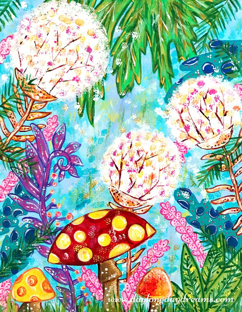May include: A whimsical painting of a magical forest with colorful mushrooms, flowers, and plants. The background is a bright blue with white dots. The mushrooms are red with yellow dots, orange, and yellow. The flowers are pink, purple, and white. The plants are green and brown.