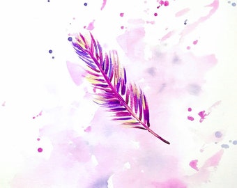 Original Painting on Paper: "Feather 1" (Pink and Purple Feather Art)