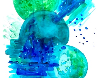 Original Painting on Paper: "Bound by Nature 3" (Blue and Green Geometric Space Art)