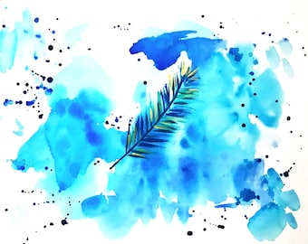 Original Painting on Paper: "Feather 5" (Blue Abstract Feather Art)