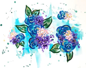 Original Painting on Paper: "Floral 7" (Blue and Purple Floral Art)