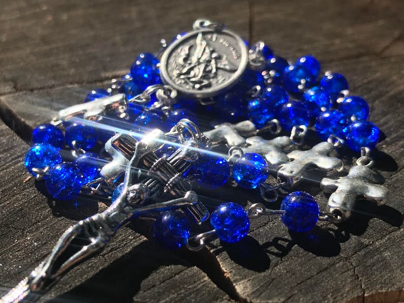 Men's Handmade Saint Michael Catholic Rosary Beads. Masculine Rosary. Blue Catholic Rosary. Catholic Gifts. afbeelding 4