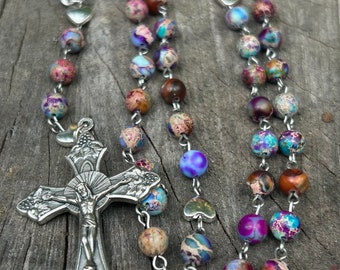 Catholic Rosary Beads. Semi Precious Galaxy Sea Sediment Jasper Stone Beads. Traditional Rosary. 5 Decade Catholic Rosary. Catholic Gift.