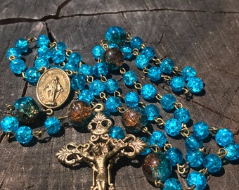 Turquoise Rosary: Bronze Catholic Prayer Beads with Crucifix