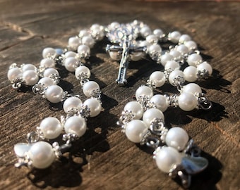 White Pearl Catholic Rosary. Traditional White Catholic Rosary. Ladies Rosary, Girl Rosary. Feminine Rosary. Pearl Rosary. White Rosary