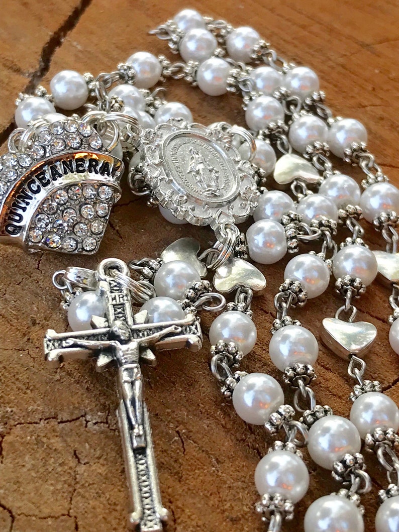 Catholic Rosary Beads ~ Quinceanera ~ Quinceanera Gift ~ Quinceanera Rosary ~ Quinceanera Catholic ~ White Glass Pearl Rosary Beads ~ 15 ~ image 9