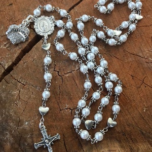 Catholic Rosary Beads ~ Quinceanera ~ Quinceanera Gift ~ Quinceanera Rosary ~ Quinceanera Catholic ~ White Glass Pearl Rosary Beads ~ 15 ~ image 2