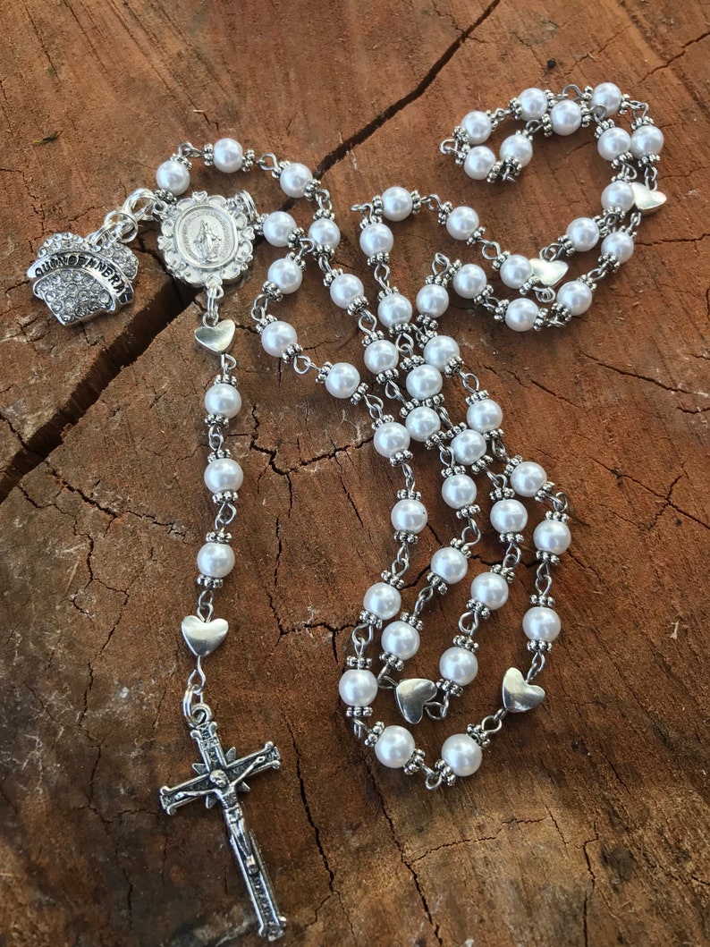Catholic Rosary Beads ~ Quinceanera ~ Quinceanera Gift ~ Quinceanera Rosary ~ Quinceanera Catholic ~ White Glass Pearl Rosary Beads ~ 15 ~ image 2