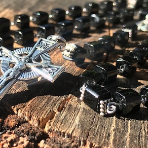 Handmade Square Glass Black Catholic Rosary Beads. Masculine Rosary. Mens Catholic Rosary Beads.