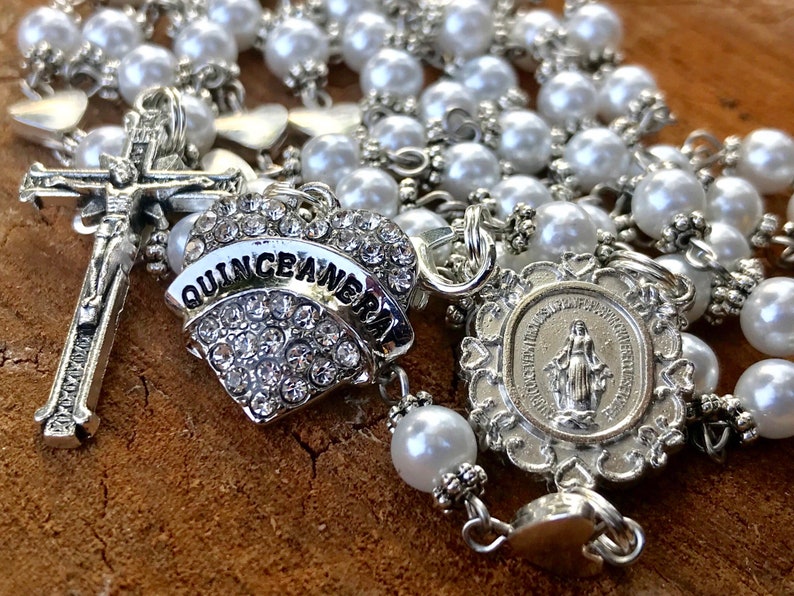 Catholic Rosary Beads ~ Quinceanera ~ Quinceanera Gift ~ Quinceanera Rosary ~ Quinceanera Catholic ~ White Glass Pearl Rosary Beads ~ 15 ~ image 10