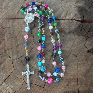 Catholic Rosary Beads Traditional Five Decade Mosaic Colorful Mixed Beads Glass Natural Stone Miraculous Mary Gift Crucifix