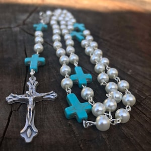 Feminine Catholic Rosary ~  Prayer Beads ~ Rosary beads ~Rosary necklace ~ White and turquoise ~ Catholic Prayer beads ~ Catholic Rosary