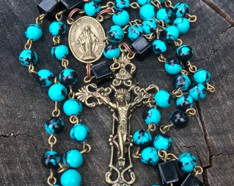 Handmade Catholic Rosary. Turquoise and Black Stone Catholic Rosary. Bronze. Catholic Rosary beads. 5 Decade. Traditional. Miraculous Mary