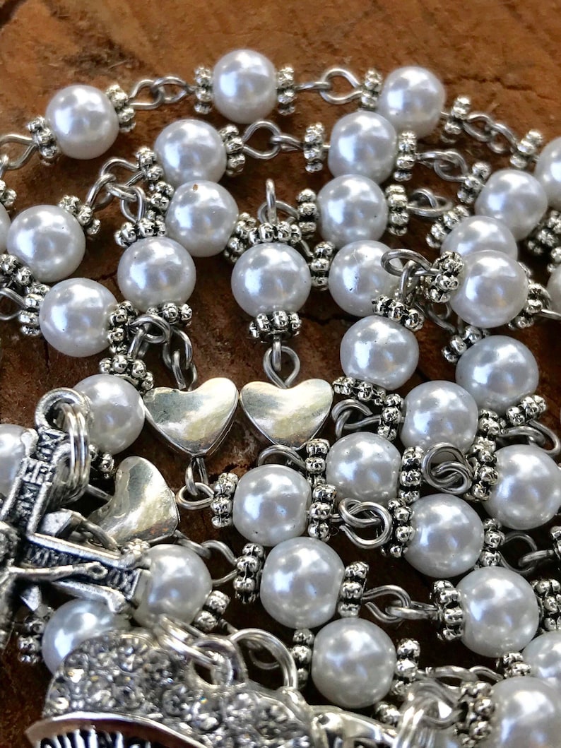 Catholic Rosary Beads ~ Quinceanera ~ Quinceanera Gift ~ Quinceanera Rosary ~ Quinceanera Catholic ~ White Glass Pearl Rosary Beads ~ 15 ~ image 5