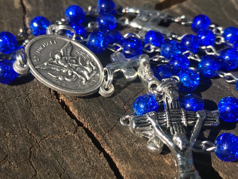 Men's Handmade Saint Michael Catholic Rosary Beads. Masculine Rosary. Blue Catholic Rosary. Catholic Gifts. afbeelding 2