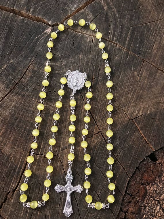 Handmade Yellow Cats Eye Catholic Rosary: Miraculous Mary