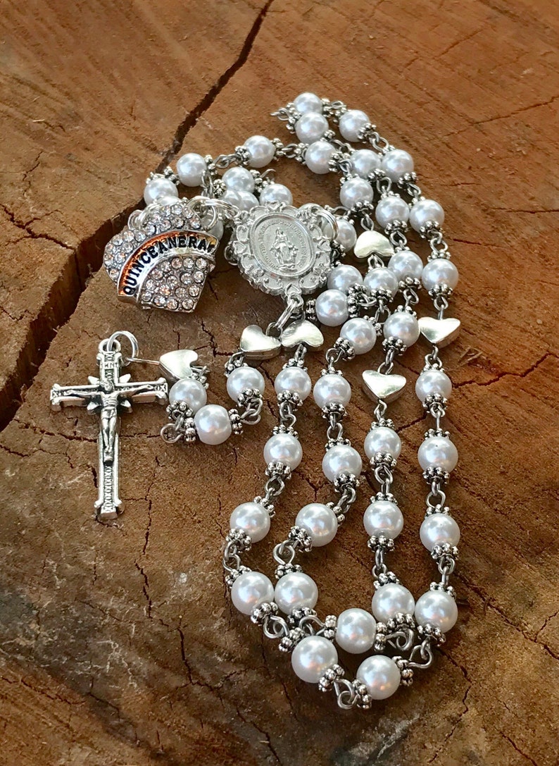 Catholic Rosary Beads ~ Quinceanera ~ Quinceanera Gift ~ Quinceanera Rosary ~ Quinceanera Catholic ~ White Glass Pearl Rosary Beads ~ 15 ~ image 4