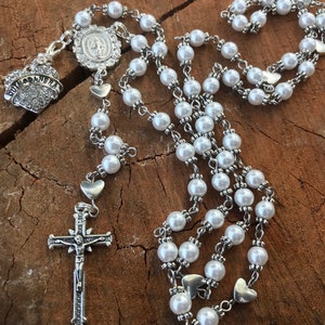 Catholic Rosary Beads ~ Quinceanera ~ Quinceanera Gift ~ Quinceanera Rosary ~ Quinceanera Catholic ~ White Glass Pearl Rosary Beads ~ 15 ~ image 3