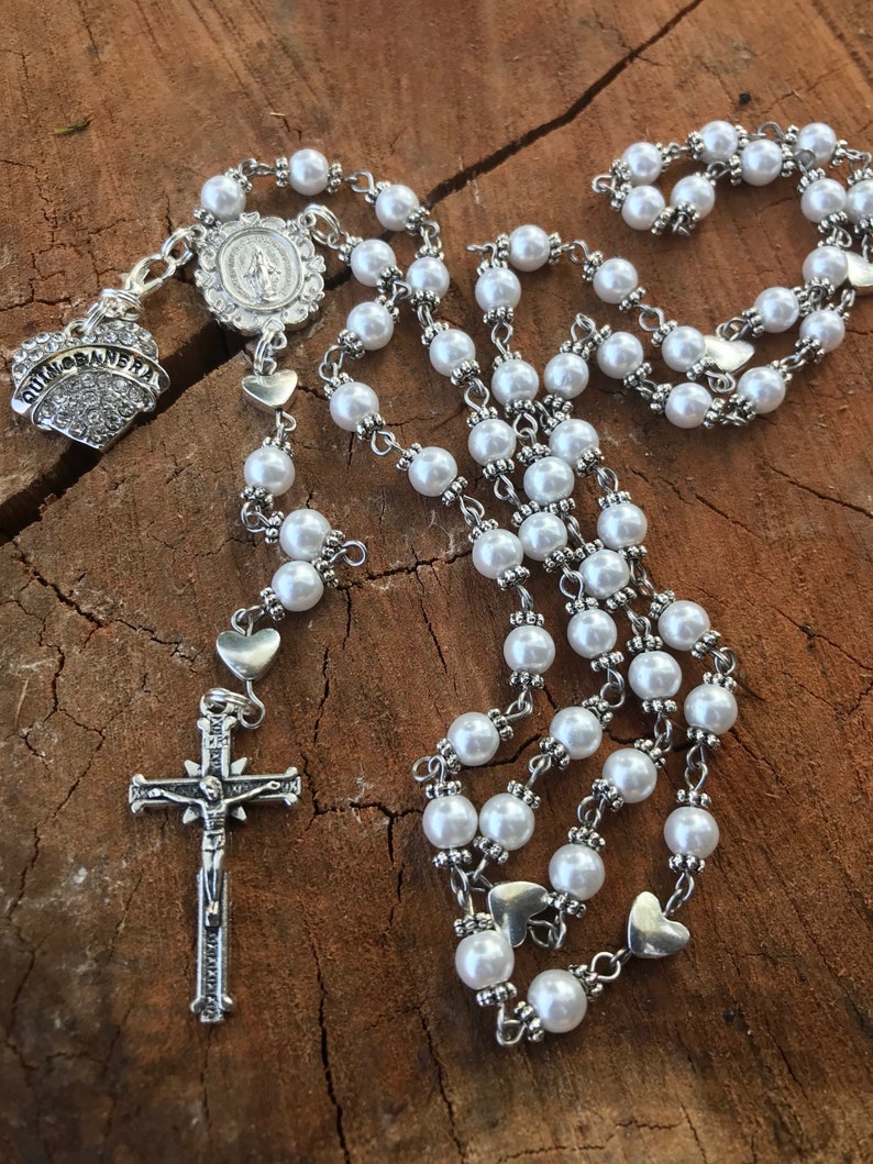 Catholic Rosary Beads ~ Quinceanera ~ Quinceanera Gift ~ Quinceanera Rosary ~ Quinceanera Catholic ~ White Glass Pearl Rosary Beads ~ 15 ~ image 3