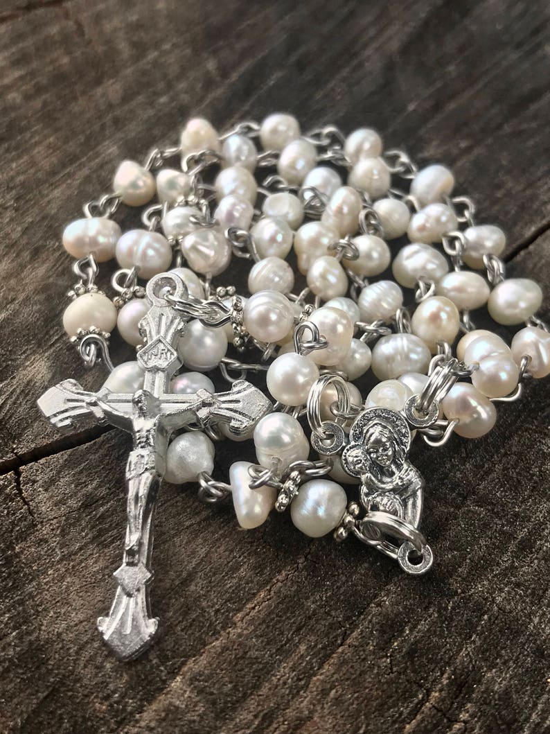Natural Fresh Water Pearl Catholic Rosary Beads. Femanine Rosary. Womans Rosary. Catholic Gift. Freshwater Pearls Catholic Rosary