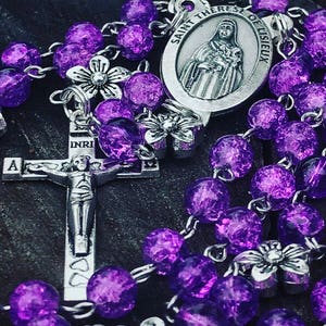 Saint Therese Of Lisieux Catholic Rosary, Purple Rosary, Flower Rosary, 5 Decade Rosary, Saint Rosary, Prayer Beads, Rosary Beads, Catholic