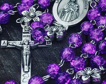 Saint Therese Of Lisieux Catholic Rosary, Purple Rosary, Flower Rosary, 5 Decade Rosary, Saint Rosary, Prayer Beads, Rosary Beads, Catholic