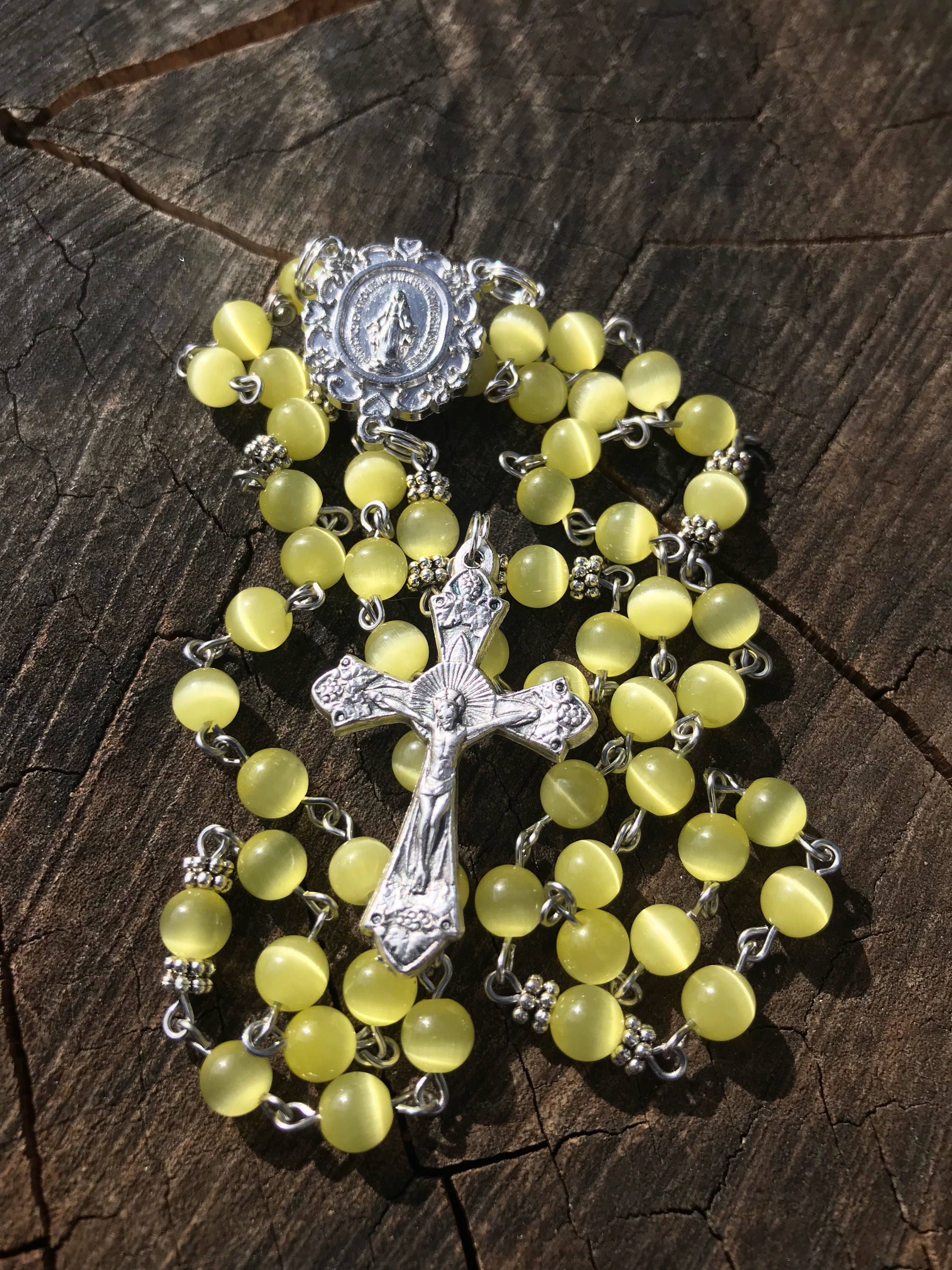 Handmade Yellow Cats Eye Catholic Rosary: Miraculous Mary