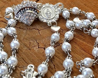 Catholic Rosary Beads ~ Quinceanera ~ Quinceanera Gift ~ Quinceanera Rosary ~ Quinceanera Catholic ~ White Glass Pearl Rosary Beads ~ 15 ~